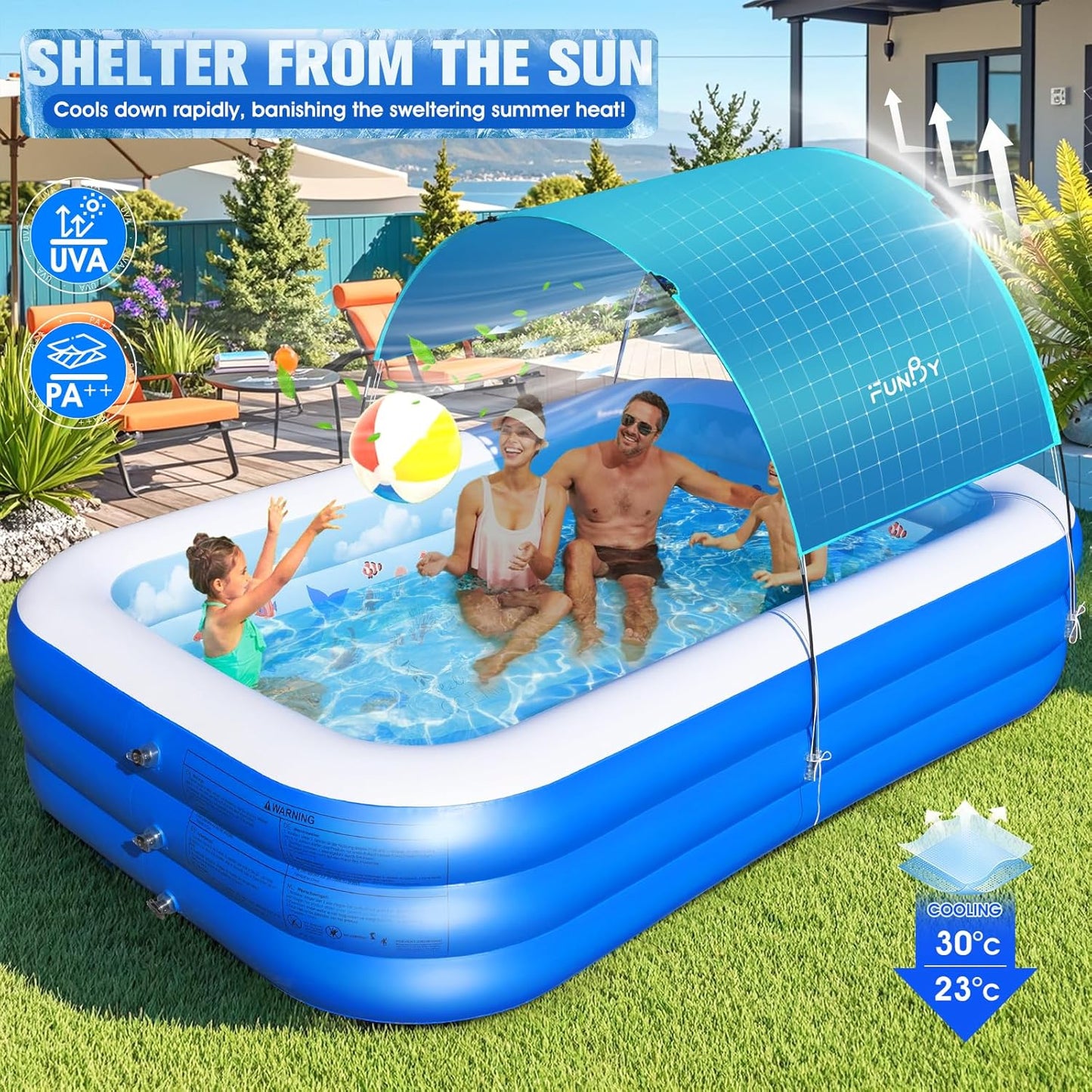 Inflatable Pool with Canopy,Upgraded Inflatable Swimming Pool for Kids,Adult,Large Inflatable Blow up Pools,Ocean Theme Oversized Thickened 105"x75"x25"Inflatable Family Pools for Backyard-Blue