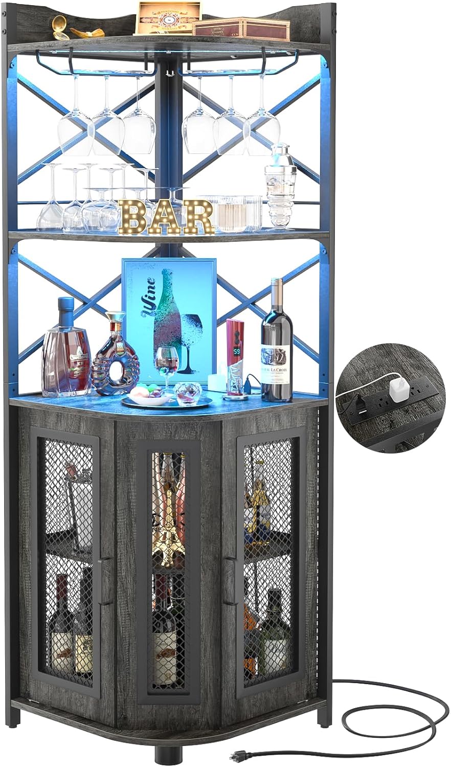 Corner bar cabinet with power socket, industrial style wine cabinet with LED light strip and glass rack, home five-layer wine cabinet bar unit, small space corner display cabinet
