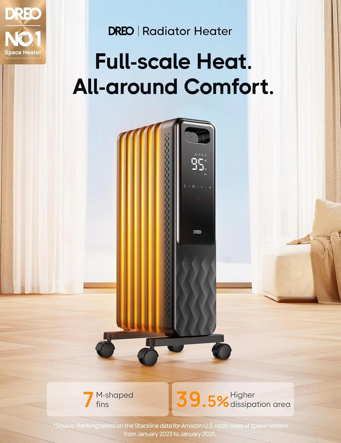 Indoor electric radiant heater with overheat and tip-over protection, digital thermostat, oil-filled radiator
