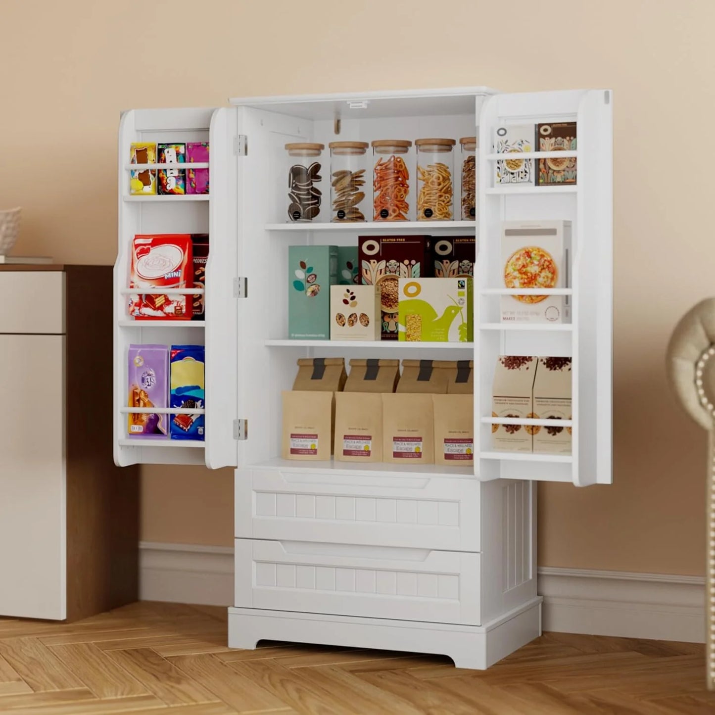 Gizoon Kitchen Pantry Cabinet with Drawers Freestanding Bathroom Storage Cabinet with Doors and Shelves, 47 Inch Small Pantry Cabinet