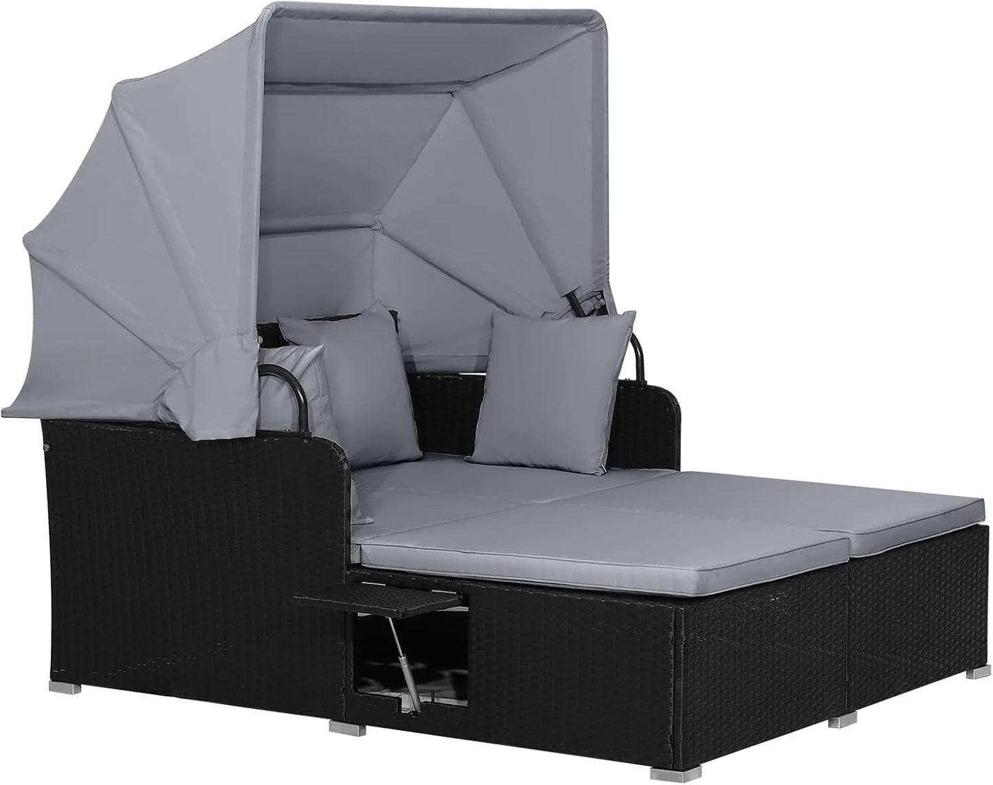 RELAX4LIFE Patio Outdoor Daybed with Canopy, Wicker Sunbed w/Cushions, 4 Pillows & 2 Retractable Side Trays, 2-Person Lounge Bed Conversation for Poolside Porch Garden, Rattan Outdoor Bed (Turquoise)