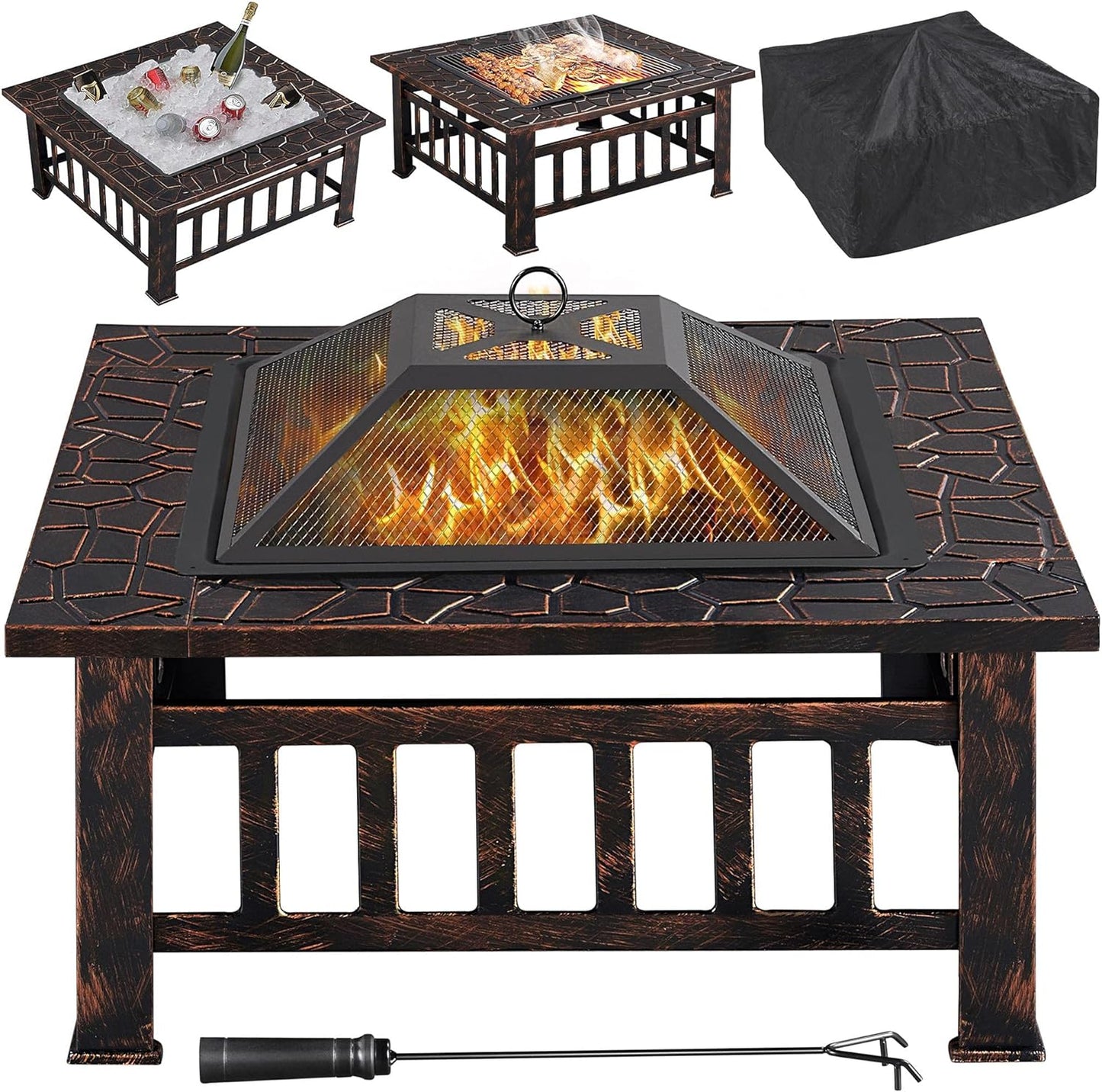 Yaheetech Multifunctional Fire Pit Table 32in Square Metal Firepit Stove Backyard Patio Garden Fireplace for Camping, Outdoor Heating, Bonfire and Picnic
