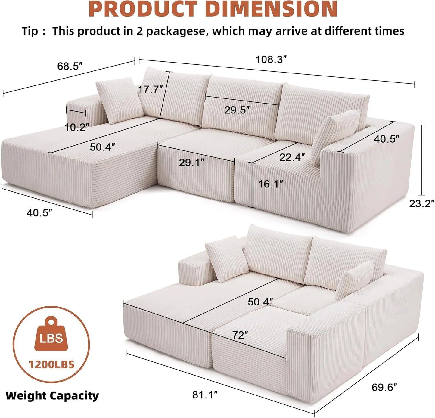 108 inch sectional sofa, cloud sectional sofa with deep seat, modern sectional L shaped sofa