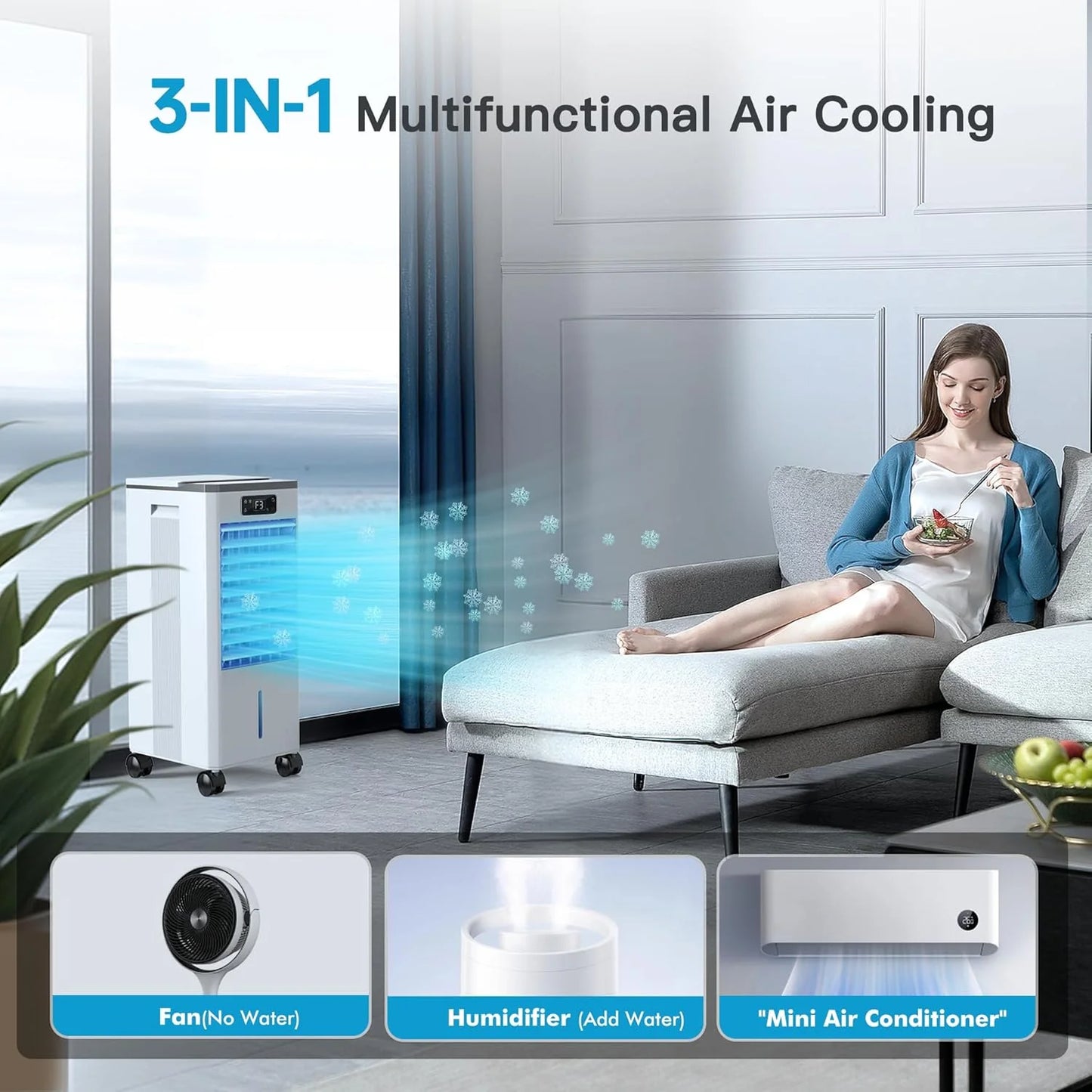 Windowless Portable Air Conditioners, Evaporative Air Cooler w/3 Modes & 3 Speeds, 12H Timer for Smart Auto-off, 2-Gal Tank for 20H Cooling,16FT Remote,No Hose Needed,46db Swamp Cooler