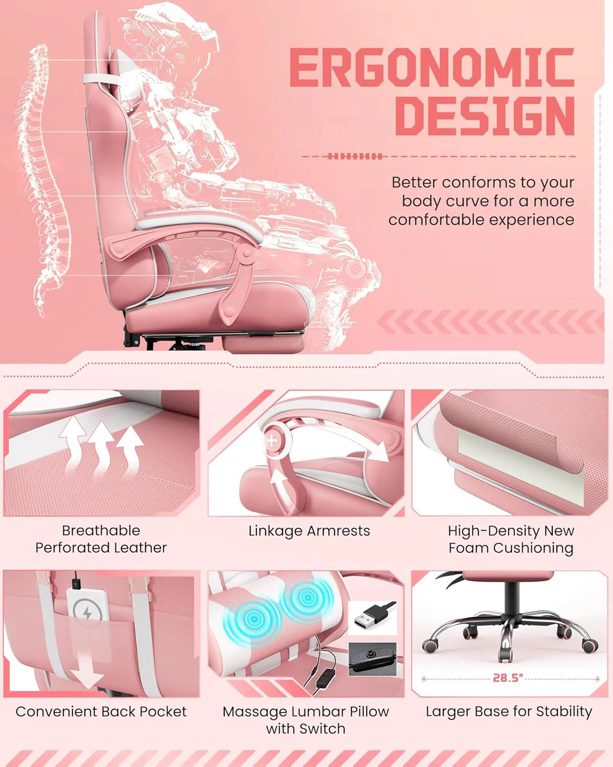 Gaming Chair with Massage Lumbar Support and Footrest Height Office Gaming Chair