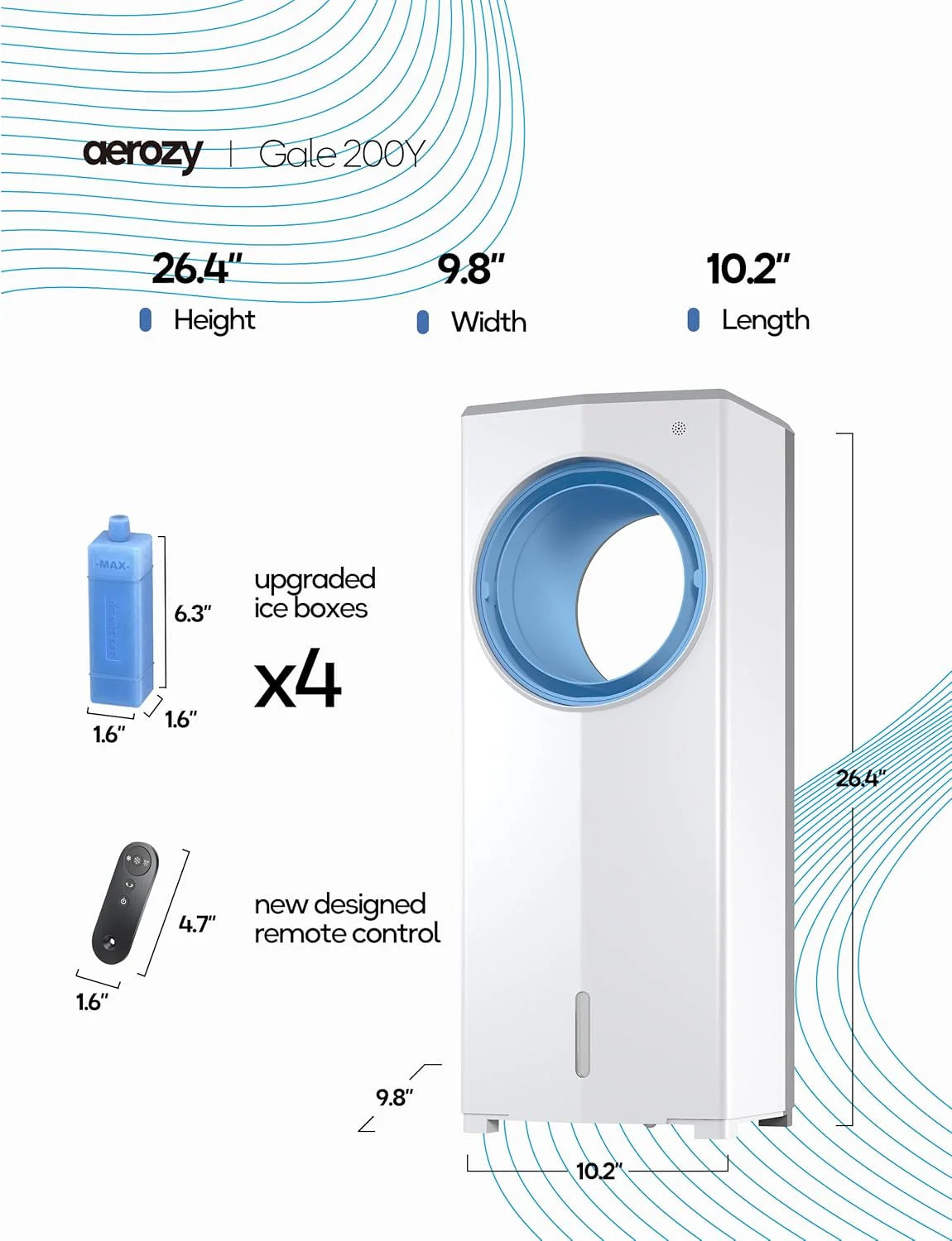 Windowless Portable Air Conditioner, 26.3" Small Evaporative Air Cooler for Room No Window, 3-Speed Settings, 4 Modes, 7H Timer, Remote Control, 4 Ice Packs, Quiet AC Unit for Bedroom