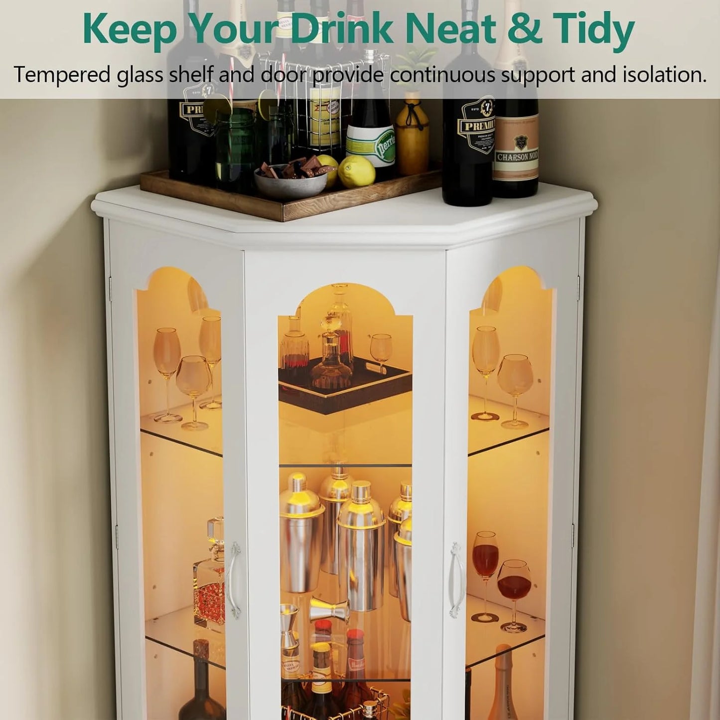 Corner wine cabinet with LED lights, tall modern wine cabinet, home bar wine storage cabinet