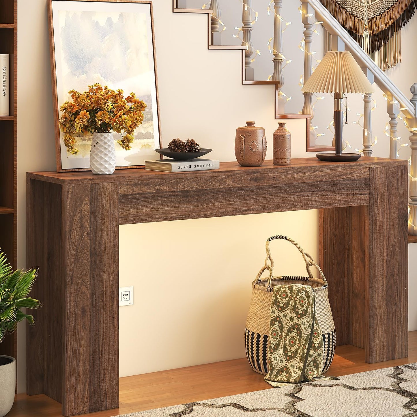 63-Inch Long Console Table with LED Light Farmhouse Sofa Table Behind Couch