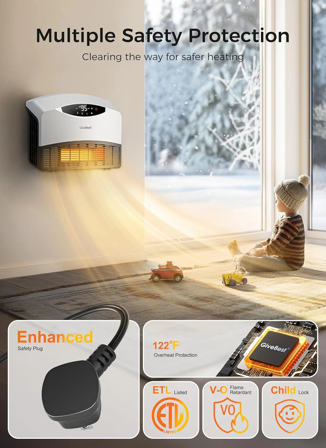 Wall mounted electric heater with WiFi and remote control, floor standing heater 1500W fast coverage for large rooms