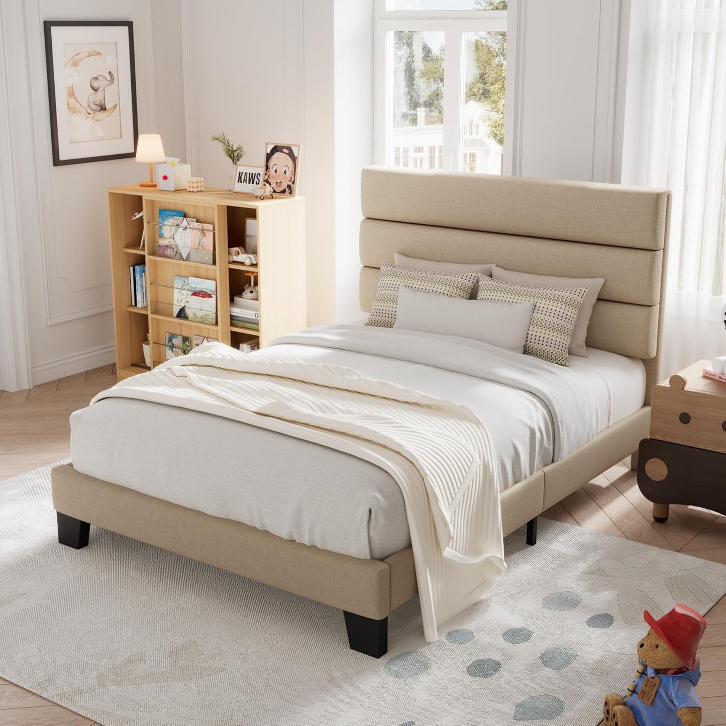 Allewie Queen Size Platform Bed Frame with Fabric Upholstered Headboard and Wooden Slats Support, Fully Upholstered Mattress Foundation/No Box Spring Needed