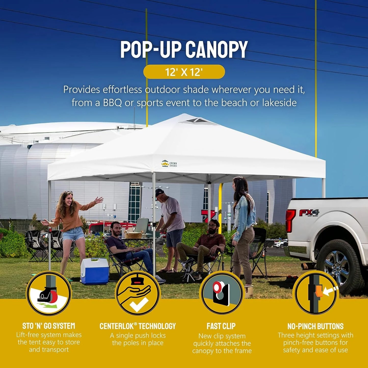 10x10 Pop-Up Awning - One-Click Installation Beach Tent - Outdoor Sunshade Silver Coated Top, 3 Heights and 4 Sand Pockets