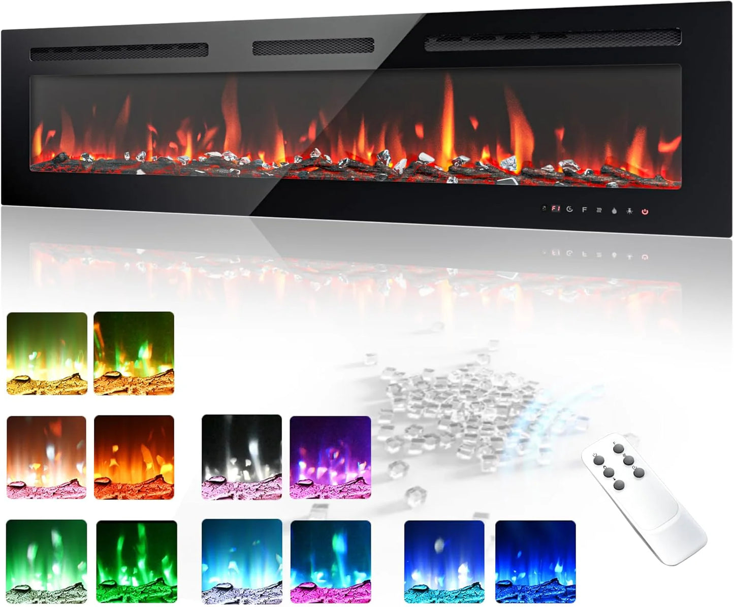 EUHOMY 50 Inch Electric Fireplace Wall Recessed and Wall Mounted with Adjustable Flame Color, Fireplace Heater with Remote Control, Linear Fireplace with Timer, Touch Screen, Log & Crystal, 750/1500W