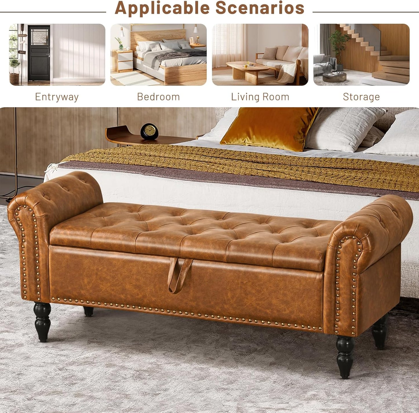 Furniliving Modern Storage Ottoman Bench, Sherpa Ottoman End of Bed Bench with Solid Wood Legs Upholstered Ottoman Benches with Storage Indoor Bench