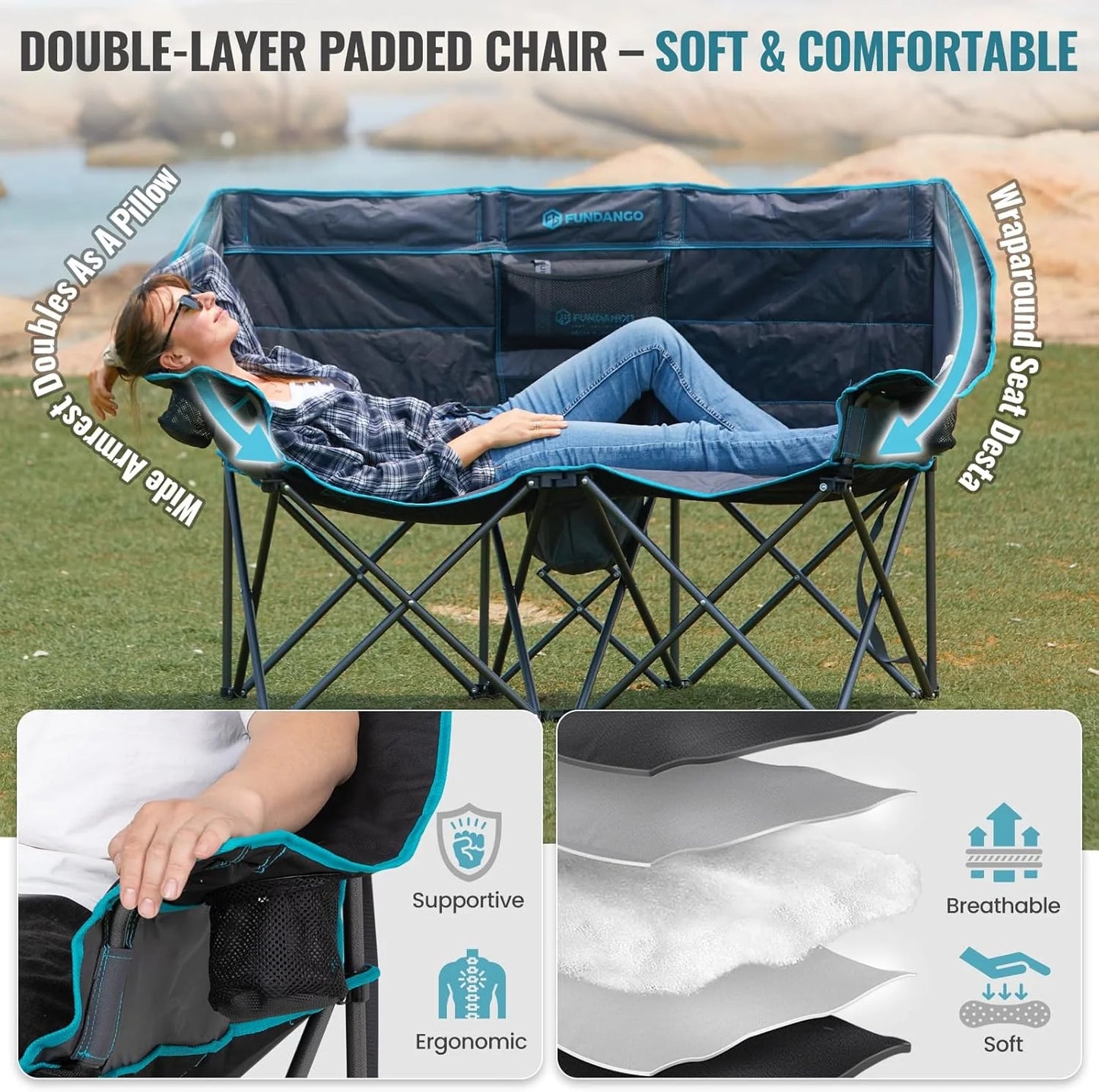 Double Camping Chair with Cooler 3-Person Folding Extra Large Camping Chair with 1000-Pound Load Capacity