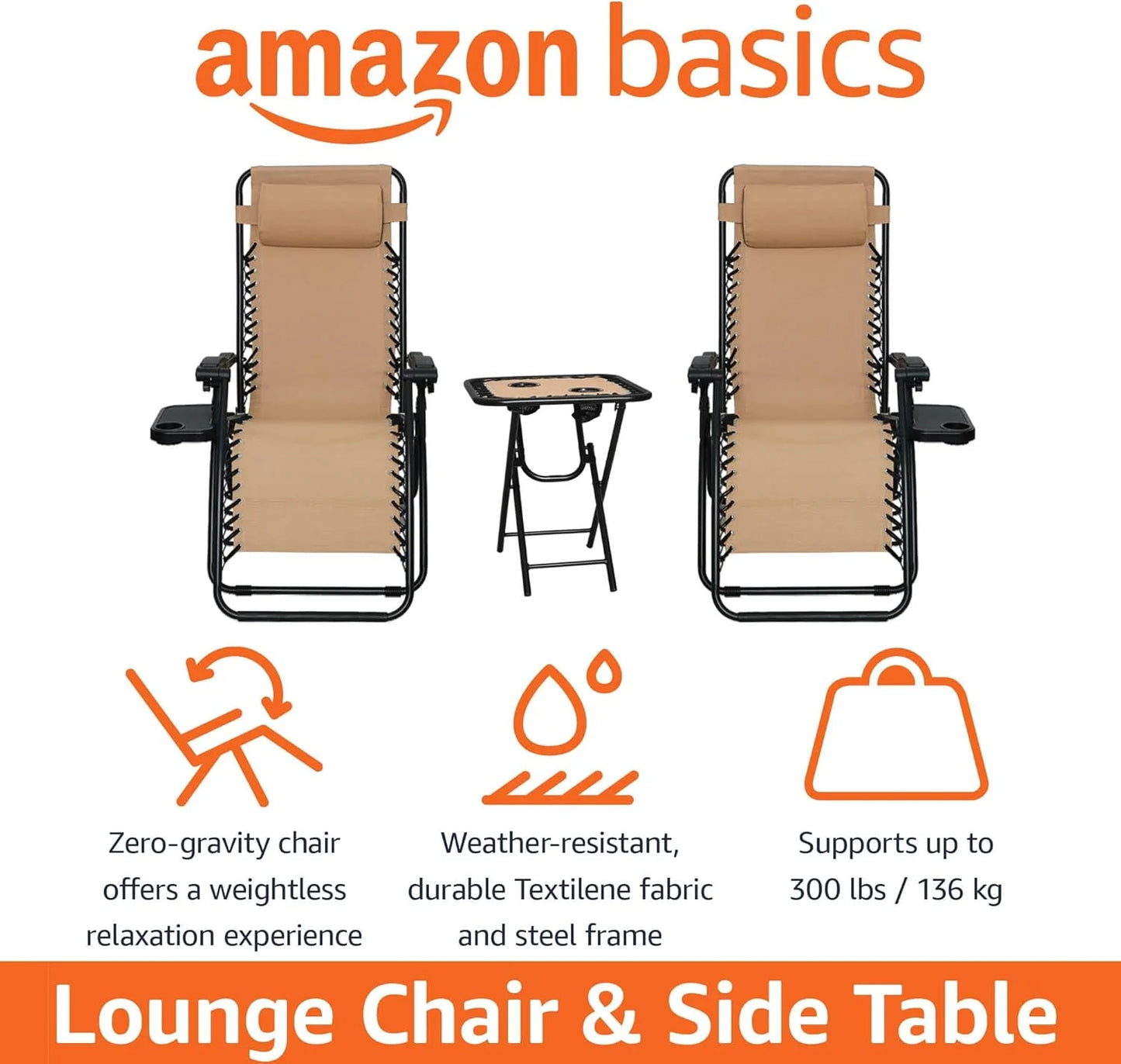 Amazon Basics Outdoor Patio Mesh Adjustable Zero Gravity Lounge Chair Recliners set of 2 with Side Table, 35 x 26 x 43 inches, Beige