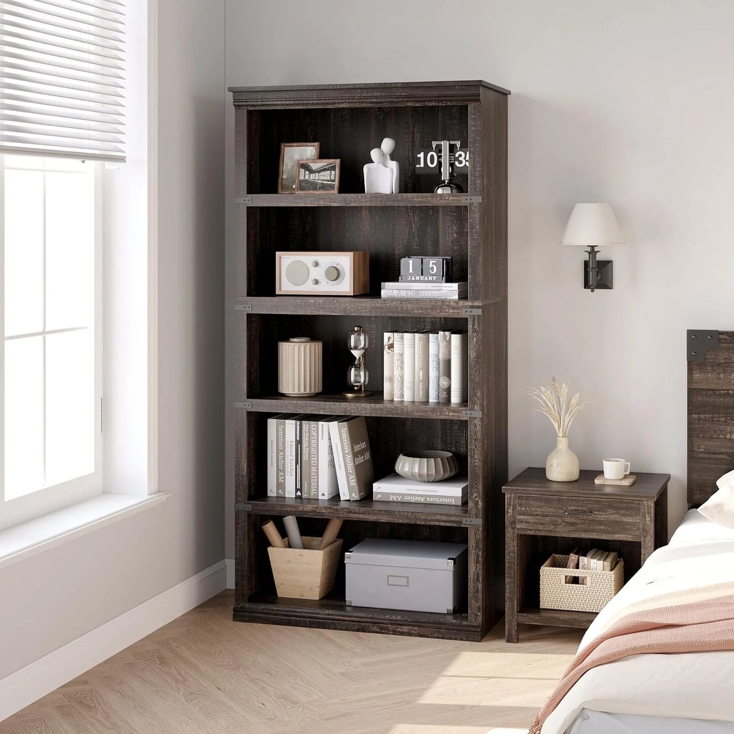 5 Tier Bookcase Farmhouse Book Shelf with Storage Open Display Bookshelves