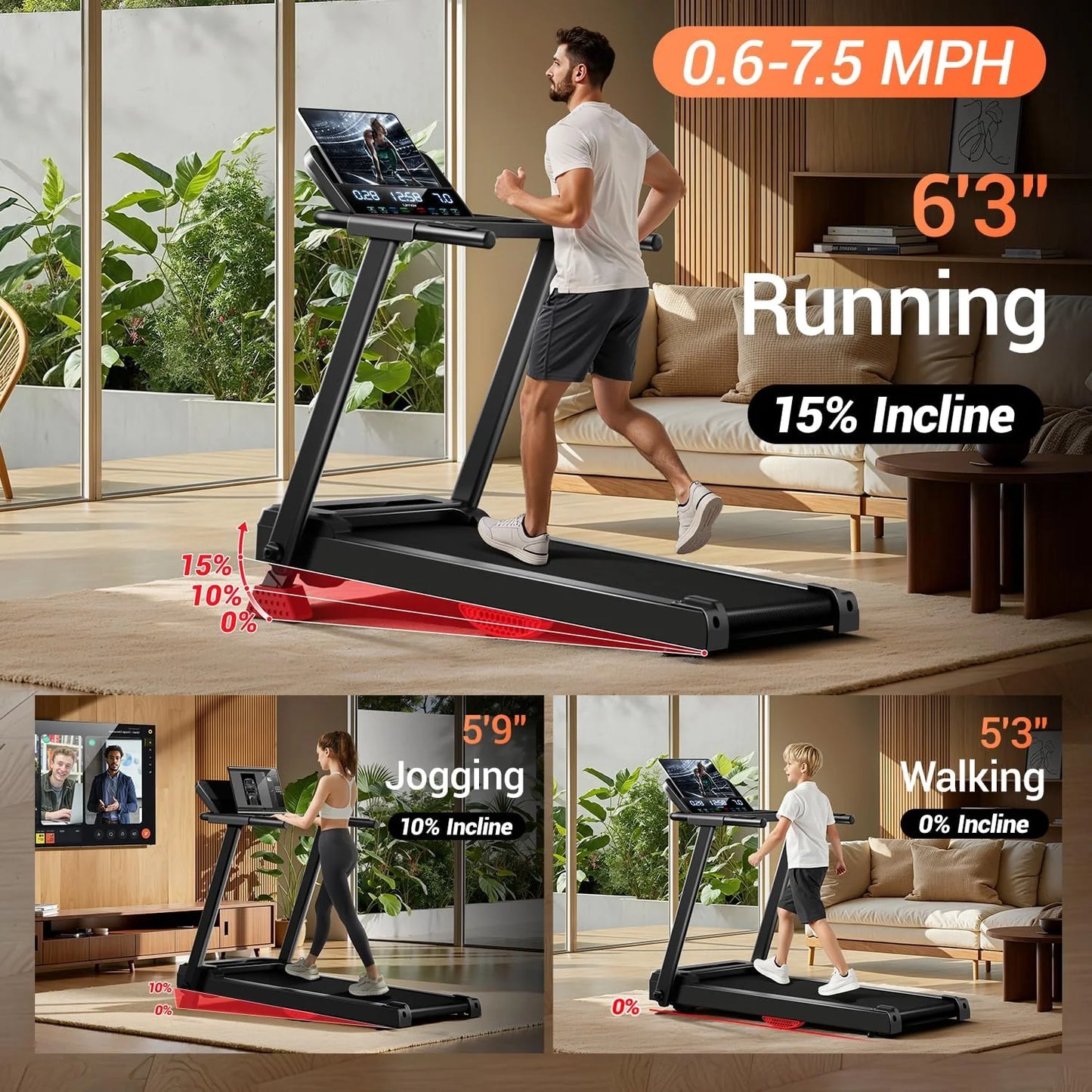 Home Treadmill, 15% Incline Treadmill, 3.0 hp Quiet Brushless Dual Cushion System00lbs Weight Capacity