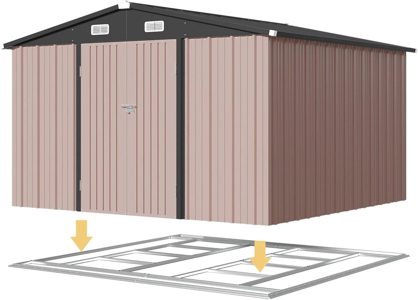 Aoxun 12x10 FT Shed Metal Outdoor Waterproof Storage Shed Steel Utility Garden Tool Shed with Door & Lock Outdoor Storage for Garden Patio Lawn Poolside, Brown