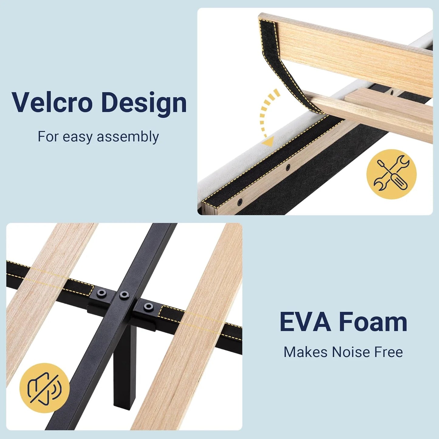 Allewie King size platform bed frame with velvet upholstered headboard and planks