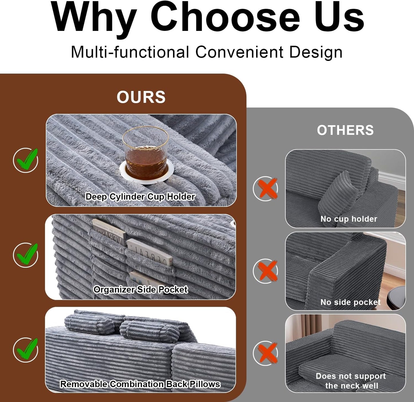 Cloud Sectional Couch with L-Shape Chaise, Modern Modular Sofa with Deep Seat, Built-in Cup Holder & Storage Pocket