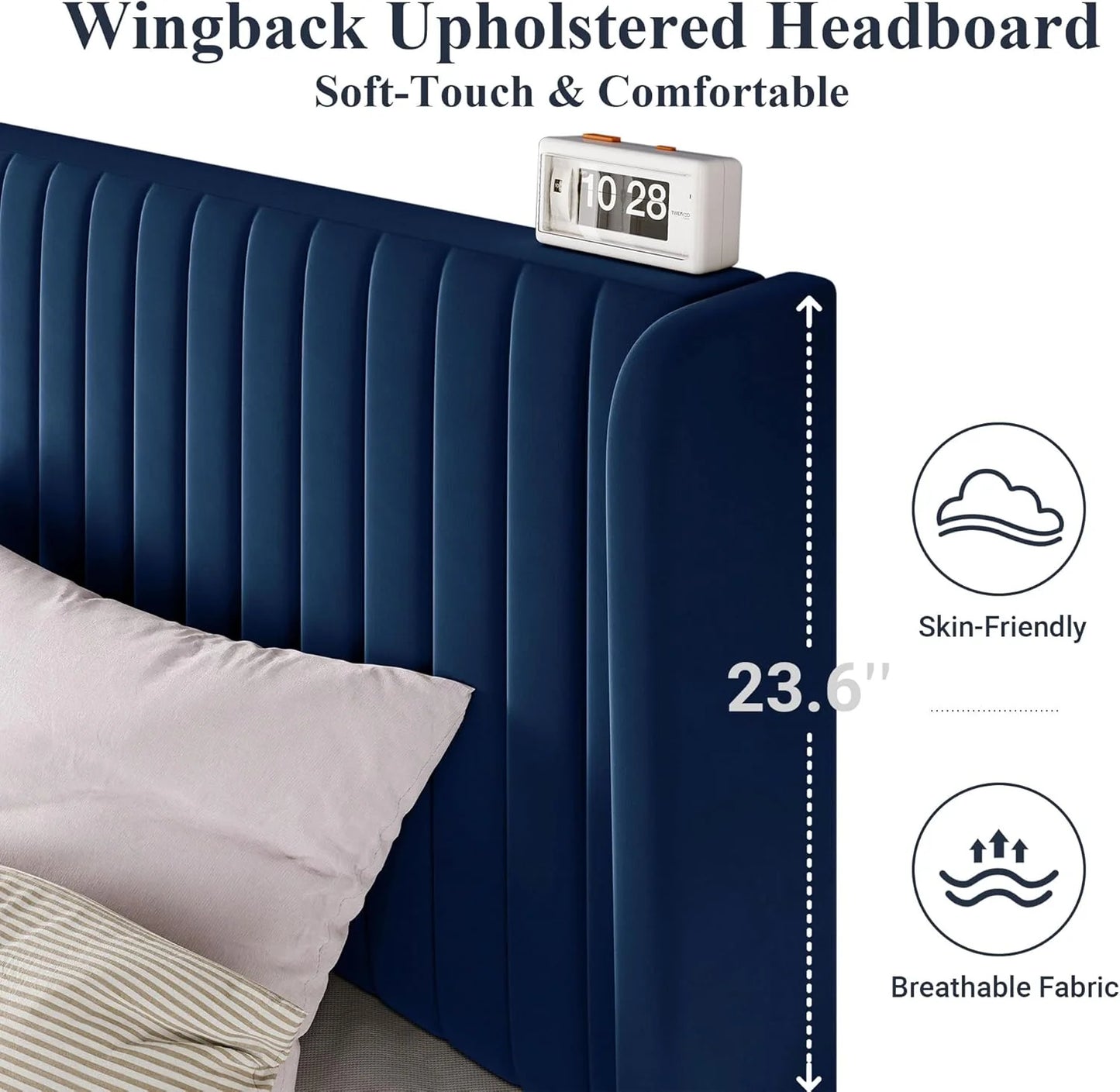 Allewie Full Size Velvet Bed Frame/Vertical Channel Tufted Wingback Headboard/Upholstered Platform Bed/Strong Wooden Slats/No Box Spring Needed/Easy Assembly/White