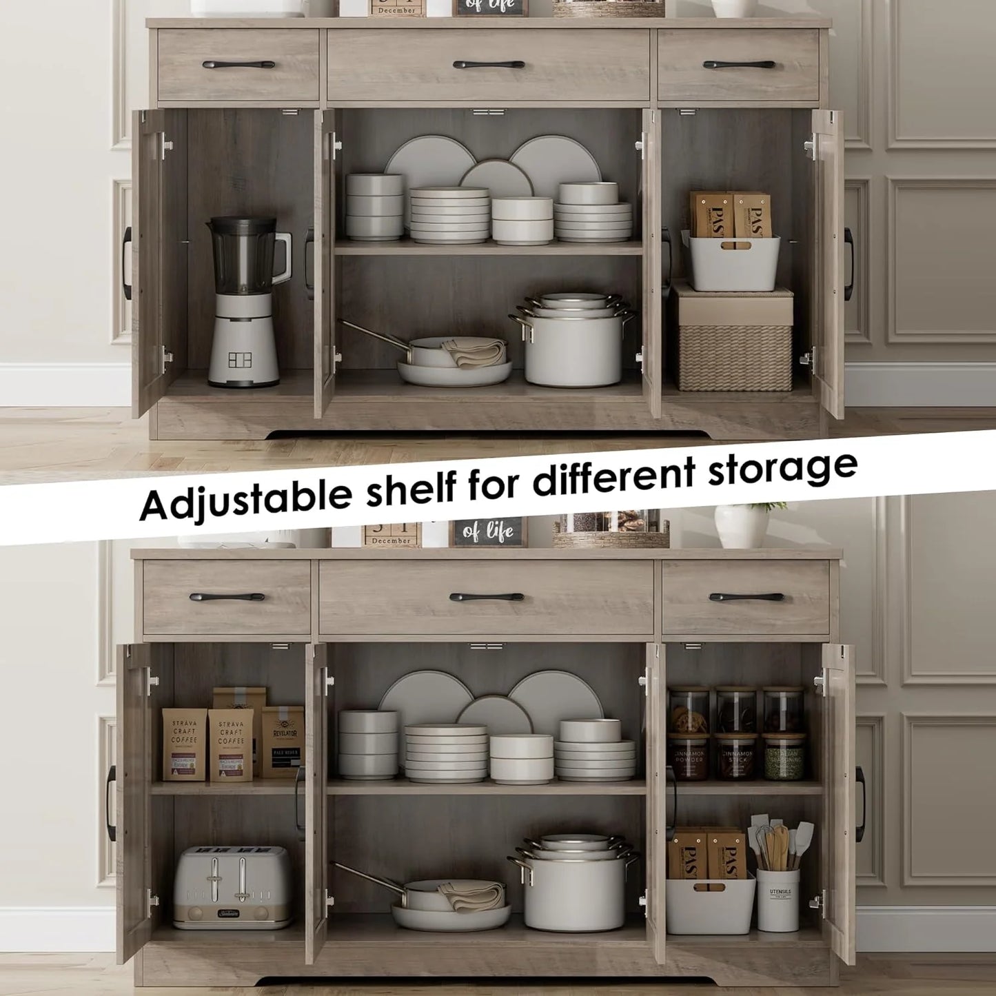 Sideboard with drawers, large 55-inch sideboard, sideboard storage with shelves and doors, modern farmhouse coffee bar wood kitchen dining table