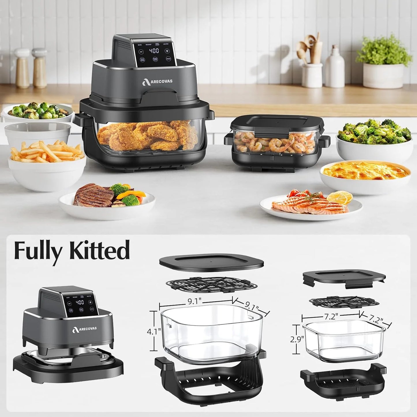 4-in-1 Portable Glass Air Fryer 140–400°F Precise Heat