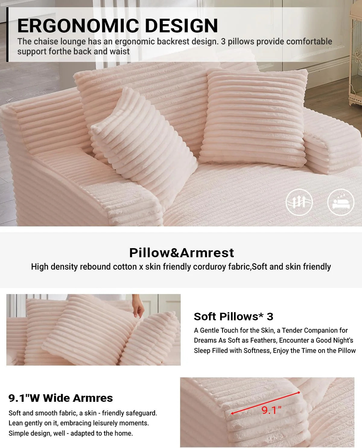 50-inch indoor recliner, oversized corduroy upholstered boneless sofa bed, deep sleeper sofa reading chair, cloud sofa, living room sofa