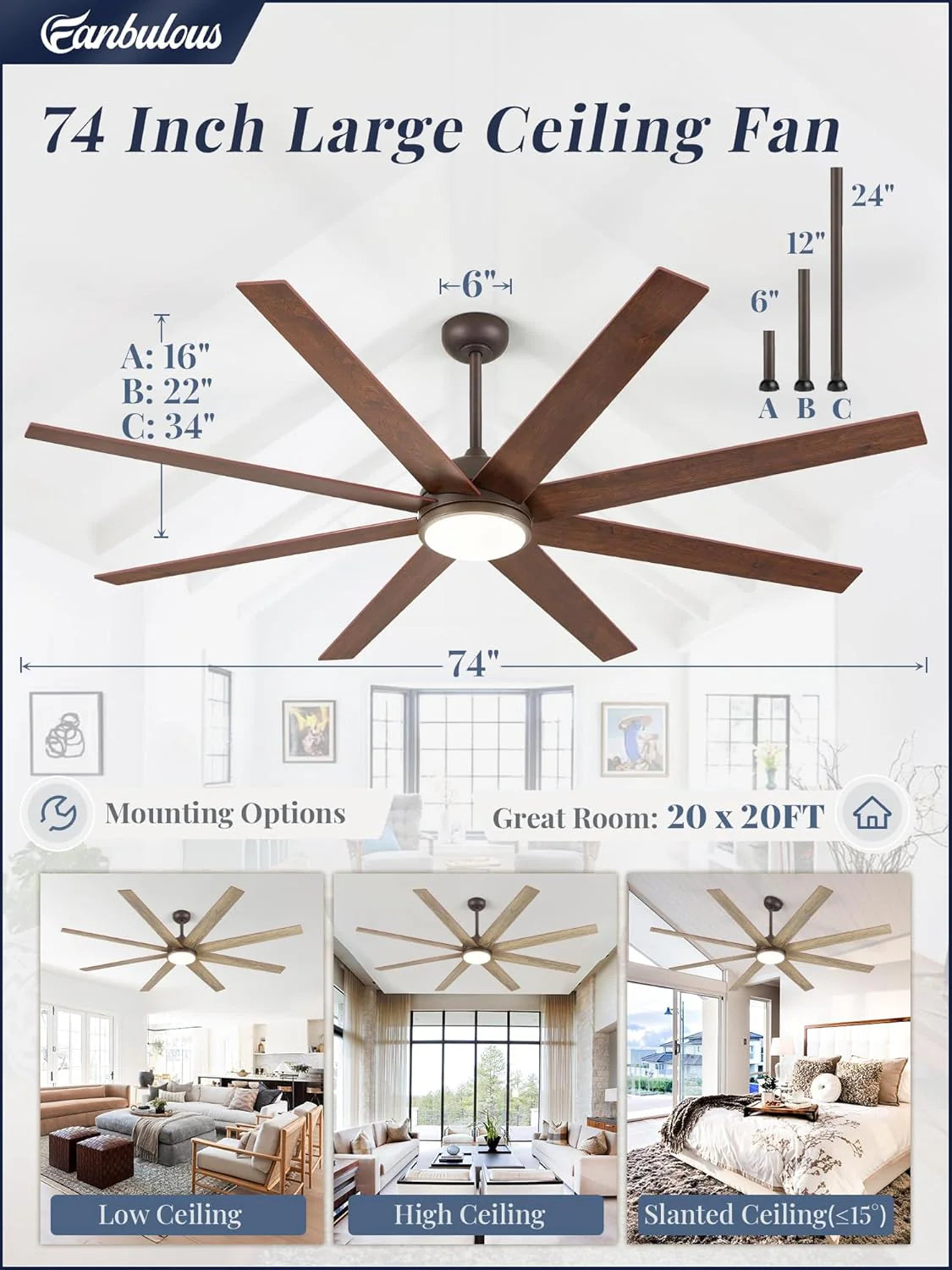 Ceiling Fan Indoor/Outdoor 8 Blades 65 inches