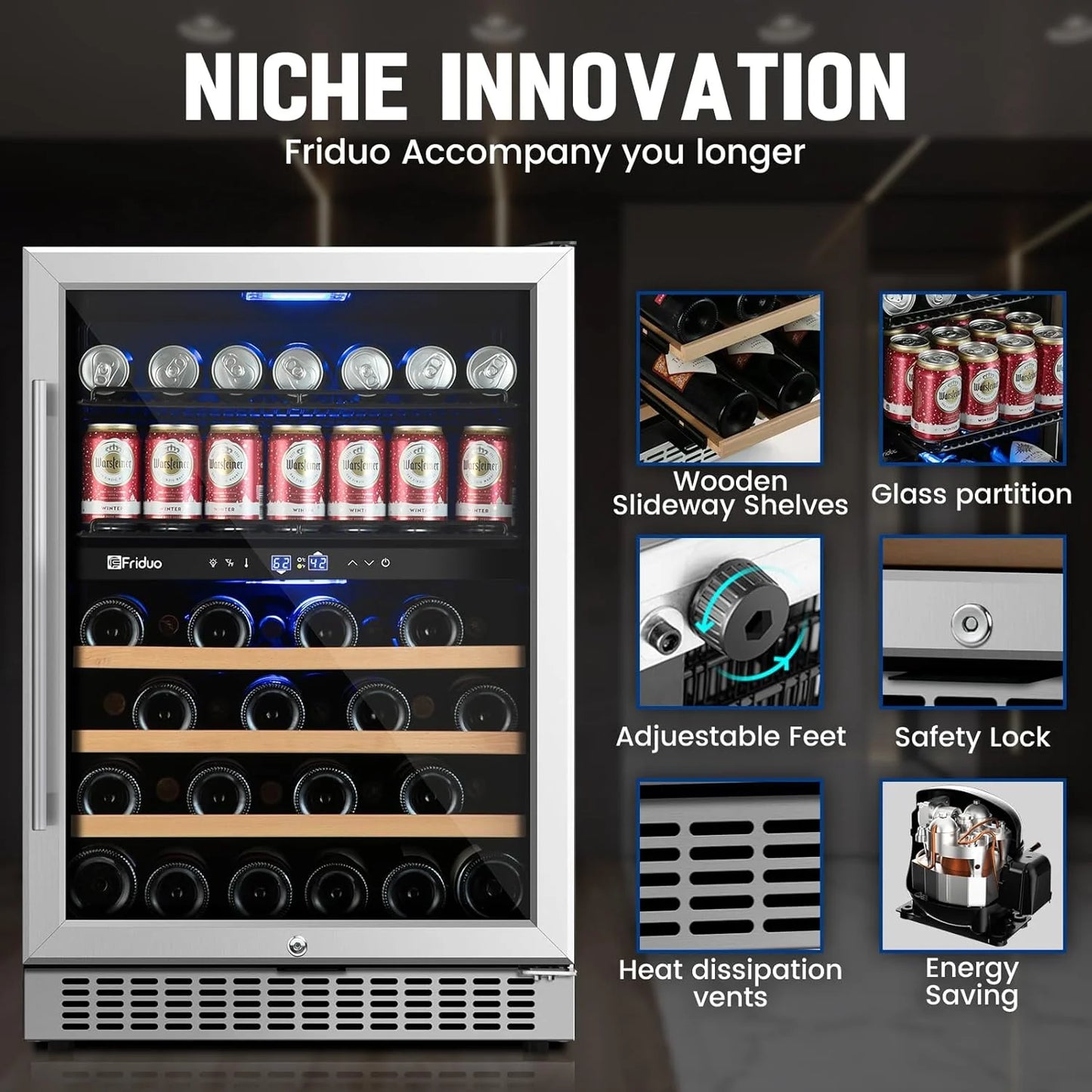 24 inch Dual Zone Beverage Refrigerator, 30 Bottles & 82 Cans Wine Fridge Built-in or Freestanding with Glass Door, Wine and Beverage Refrigerator Cooler for Kitchen Home Bar