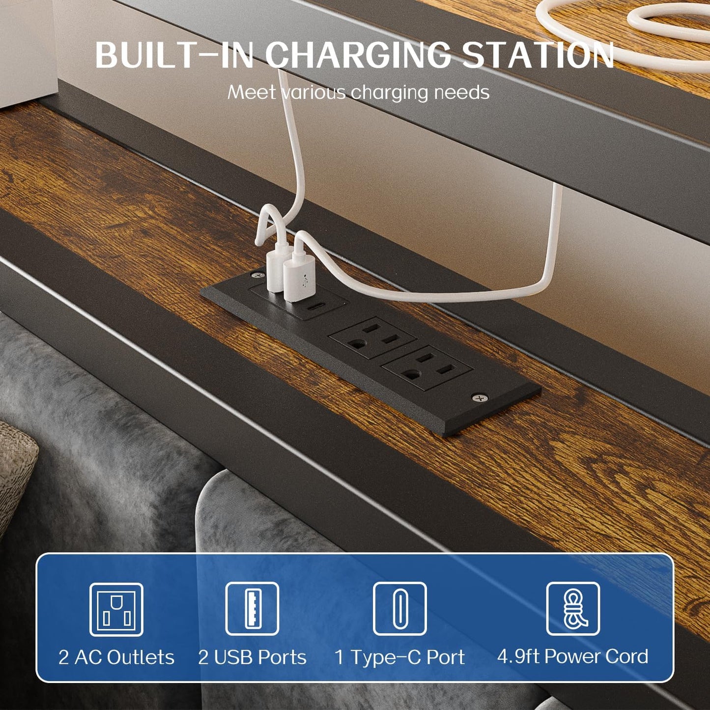 Queen Size Bed Frame with 2-Tier Storage Shelves Headboard, Platform Bed with Charging Station, LED Lights No Box Spring Needed Noise Free