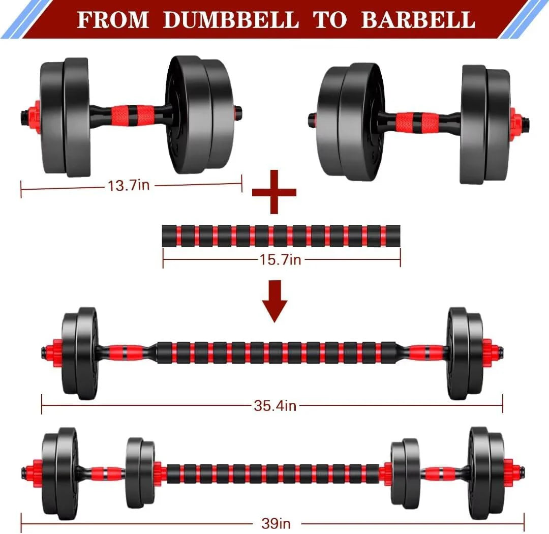 Adjustable dumbbell set, free weight dumbbell pair convertible into barbell