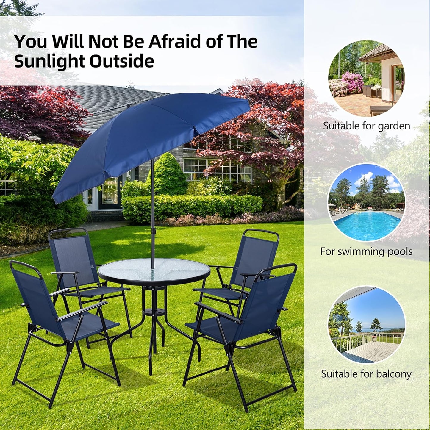 Vongrasig 6 Piece Folding Patio Dining Set,Small Metal Outdoor Garden Patio Table and Chair Set w/Umbrella for Lawn,Deck,Backyard,Black