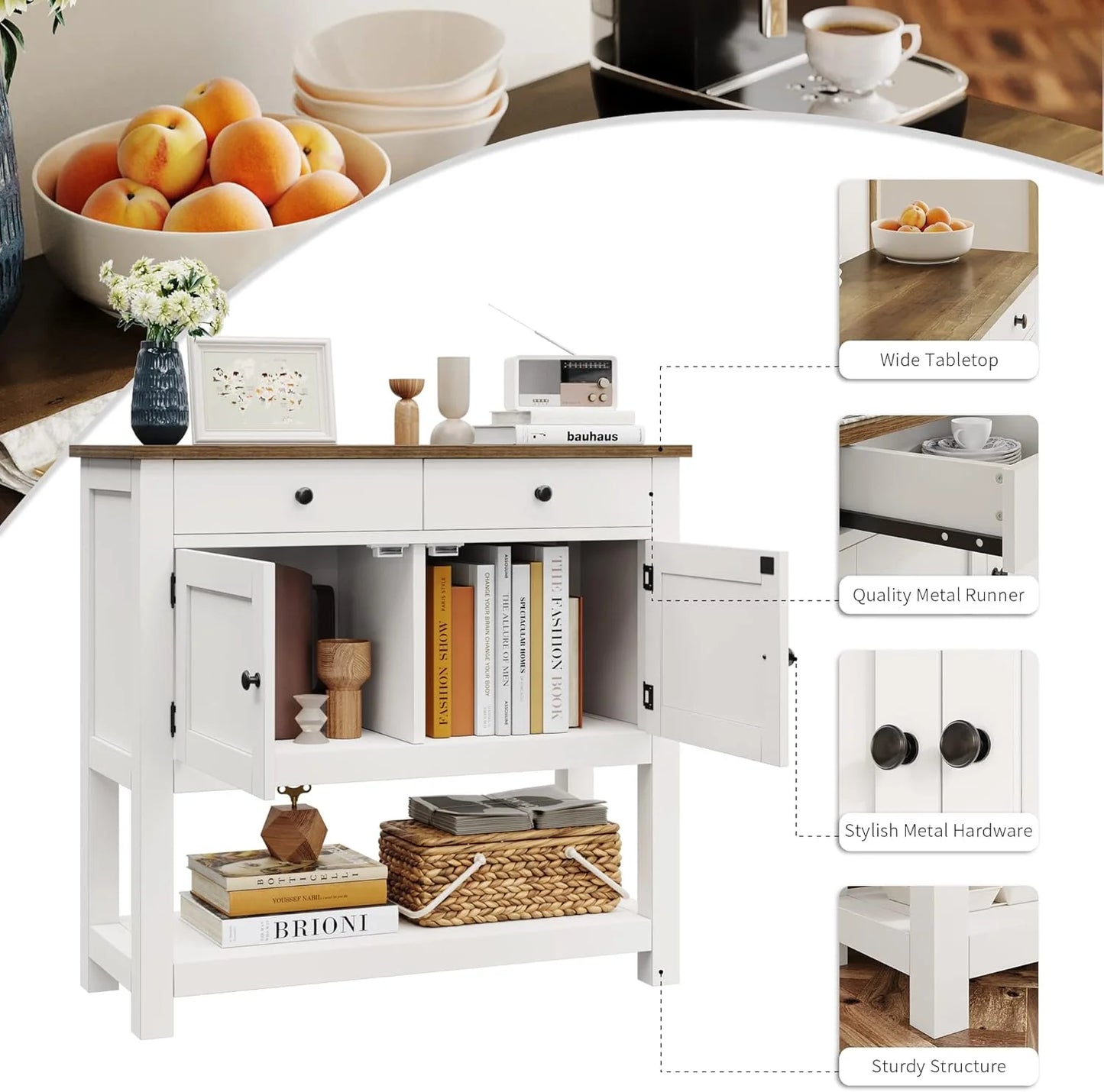 Farmhouse style console table coffee bar, entry table with storage rack, sofa table buffet sideboard