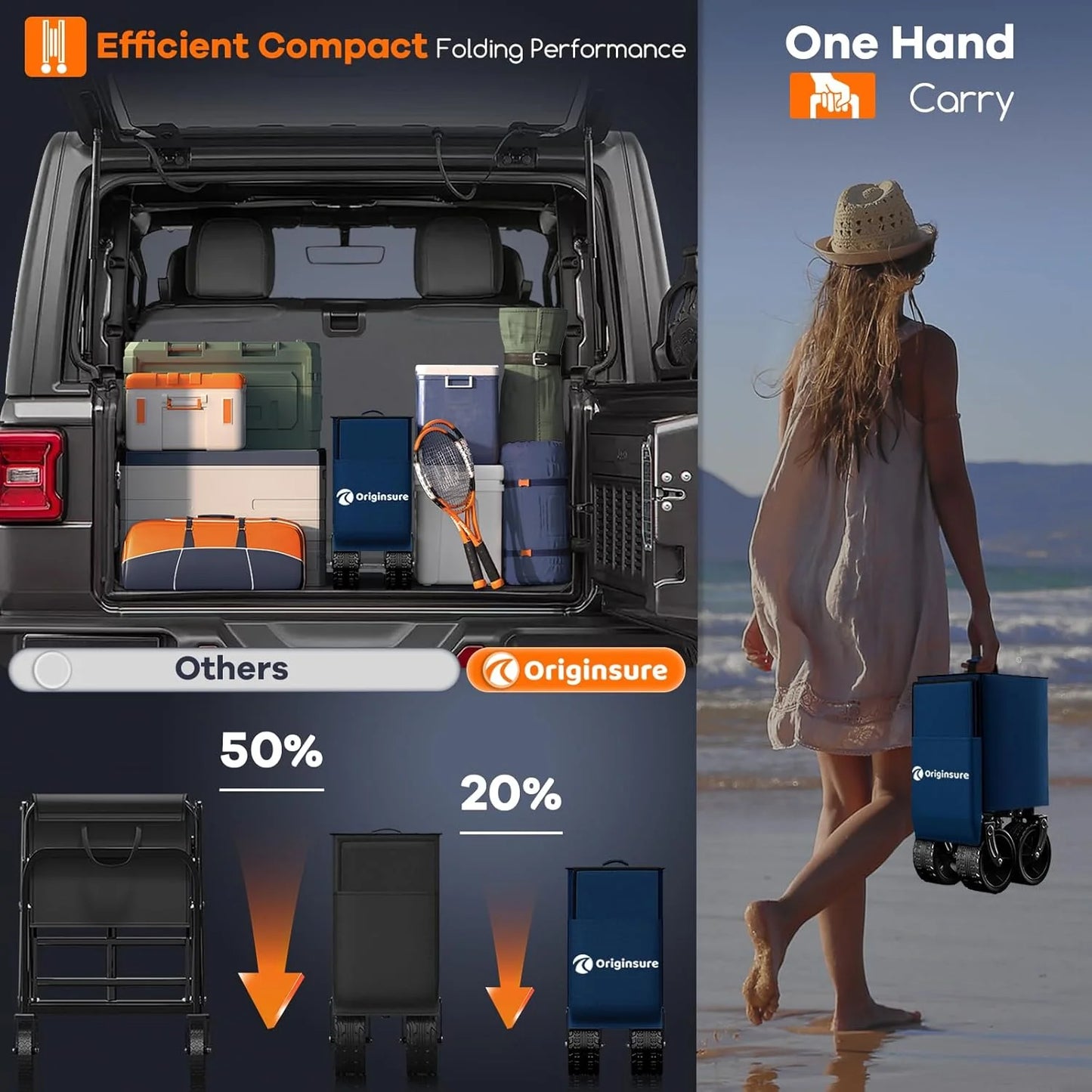 38" long foldable four-wheel stroller, foldable, 460 lb capacity, 220 liter heavy-duty folding beach stroller with large all-terrain tires