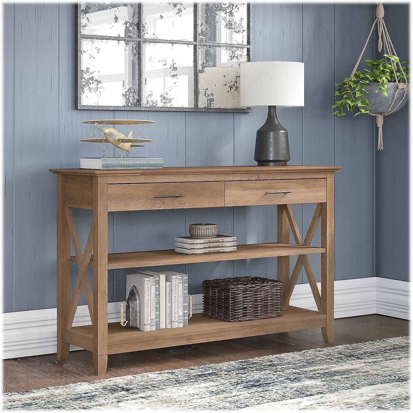 Key West Console Table with Drawers and Shelves in Linen White Oak