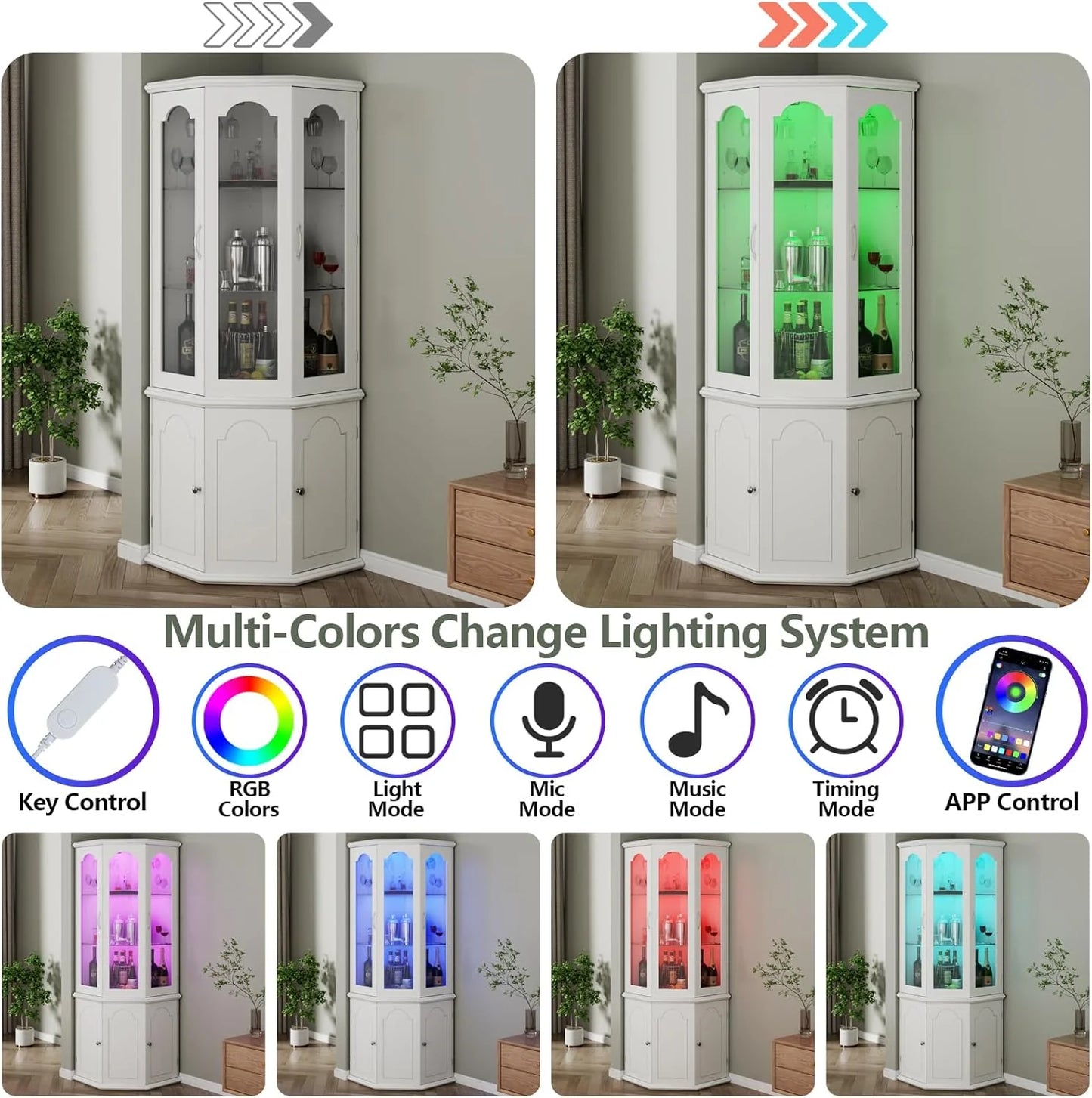 Corner wine cabinet with LED lights, tall modern wine cabinet, home bar wine storage cabinet