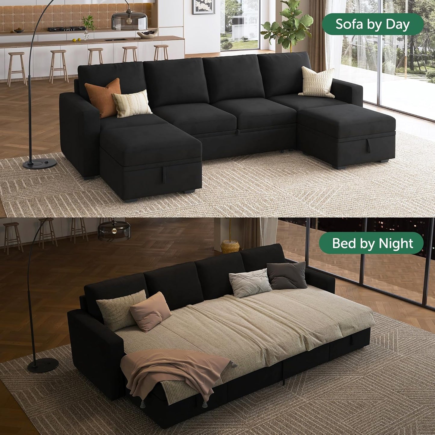 HONBAY Modular Sectional Sleeper Sofa with Pull Out Bed, L Shaped Couch with Storage Seat, Convertible Sectional Couches for Living Room