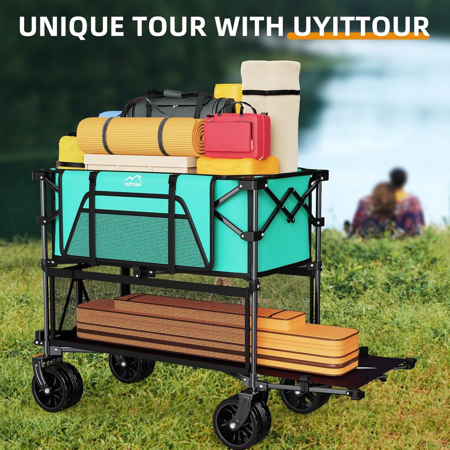 Foldable 50''L Extra Long Double Decker Wagon for Sport, 400L Collapsible Heavy Duty Wagon Cart with Big Wheels, Utility All-Terrain Large Extender Cart for Outdoors