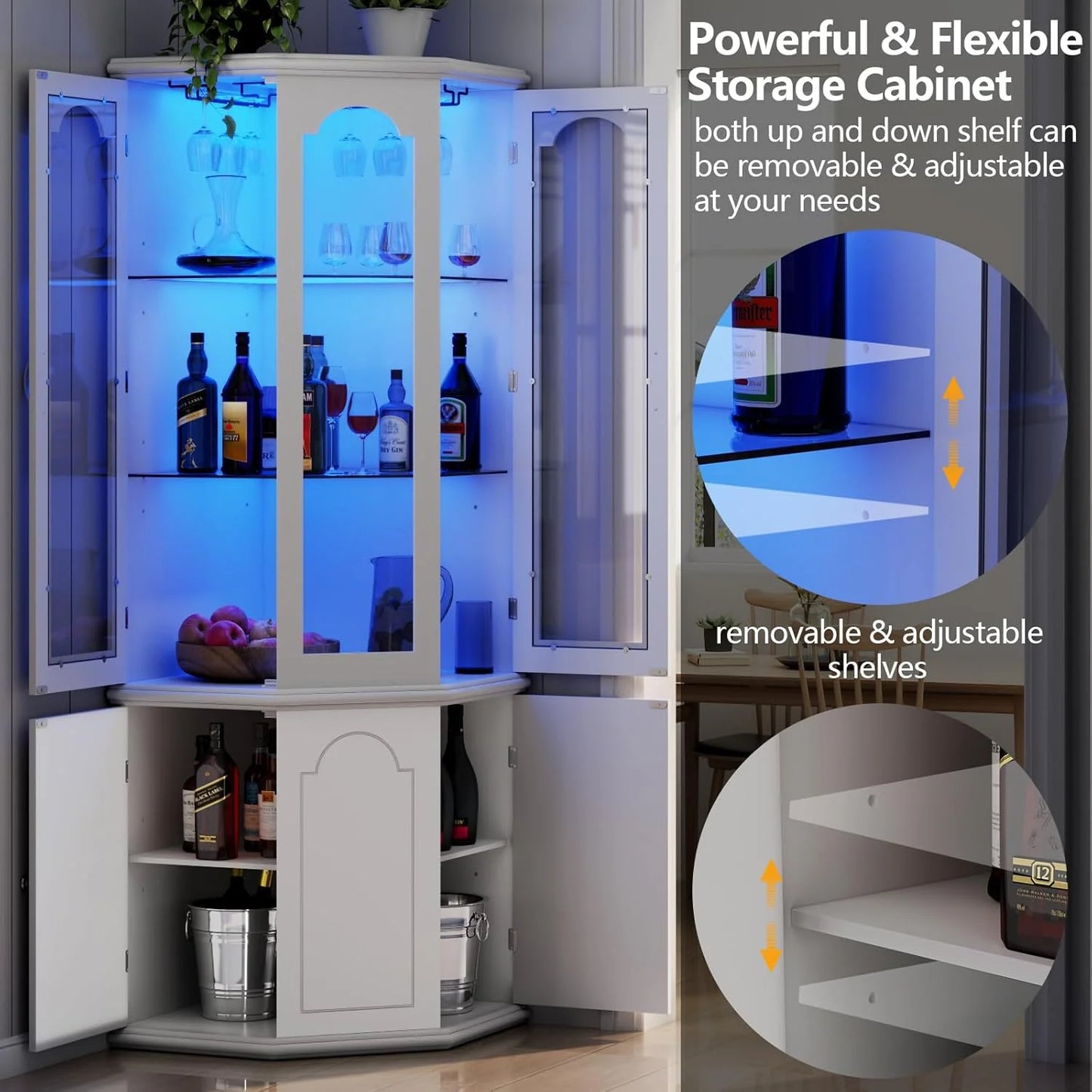 Corner wine cabinet with LED lights, tall modern wine cabinet, home bar wine storage cabinet