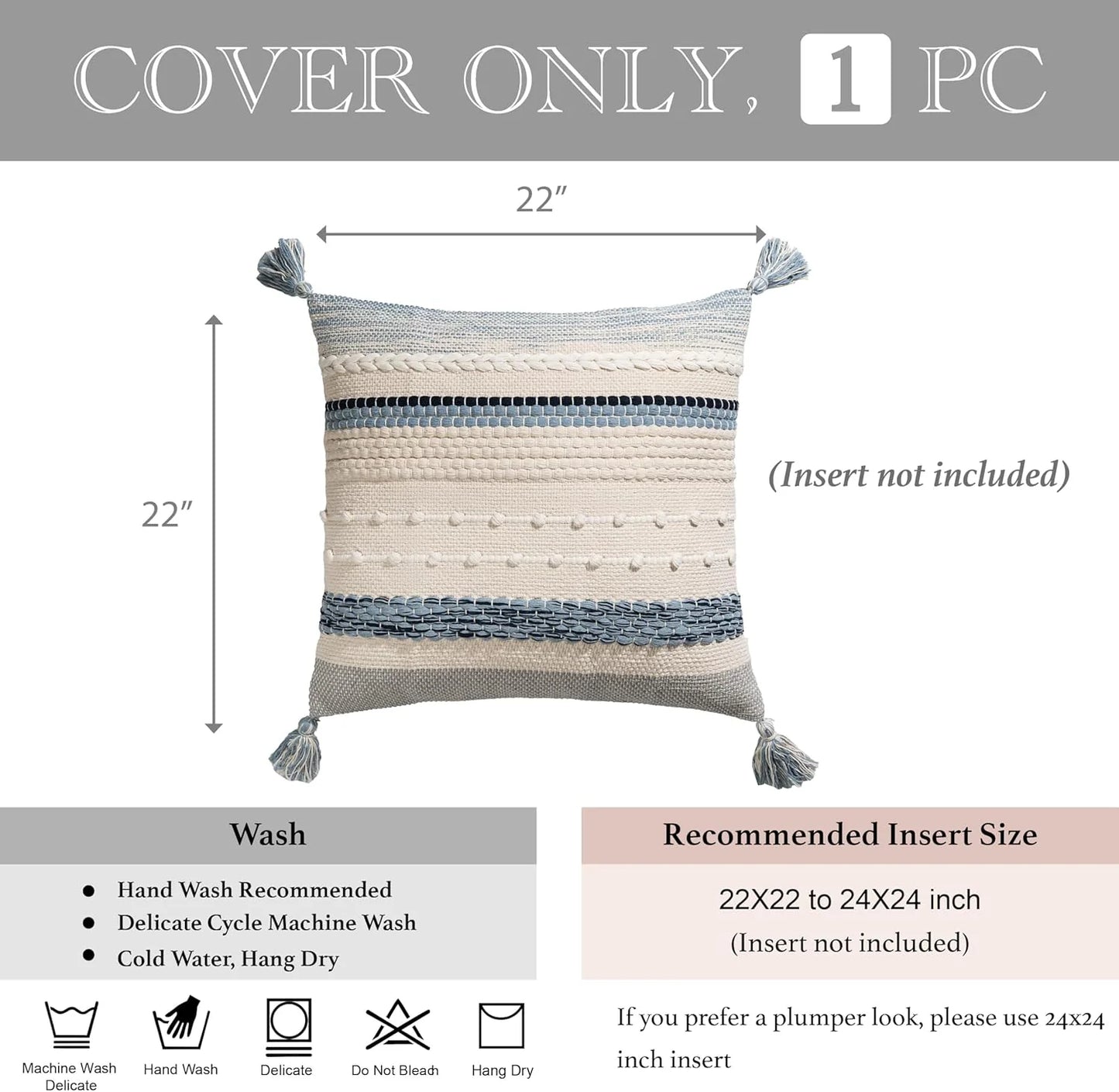 Blue Boho Decorative Throw Pillow Cover 20x20