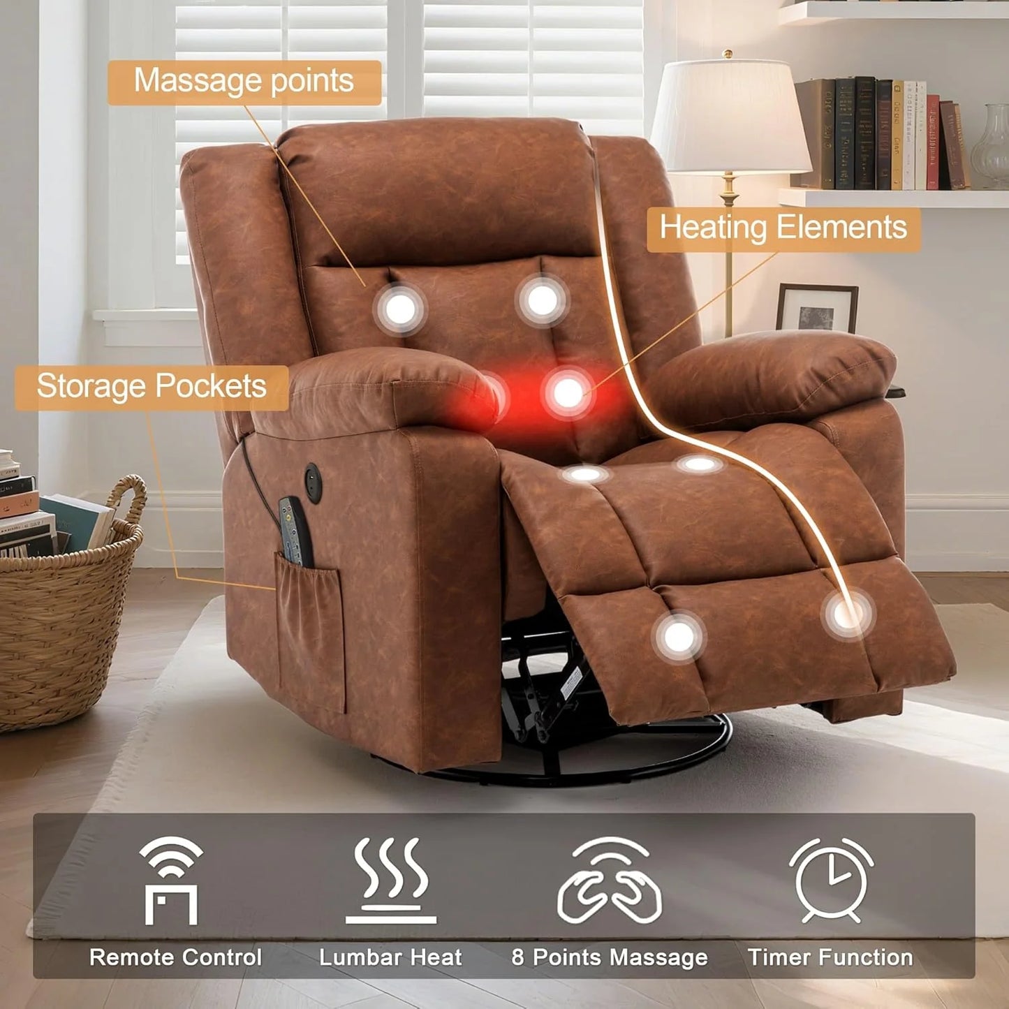 Adult rocking chair, gliding recliner, 360° rotating rocking chair with massage and heating function