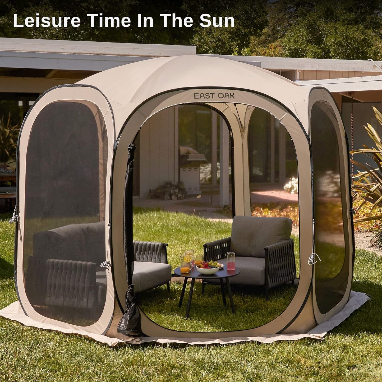 EAST OAK Screen House Tent Pop-Up, Portable Screen Room Canopy Instant Screen Tent 10 x 10 FT with Carry Bag for Patio, Backyard, Deck & Outdoor Activities, Beige