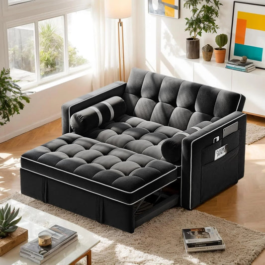 Pipishell 3 in 1 Convertible Sleeper Sofa Bed,Pull Out Couch for Living Room with USB Ports & Side Pockets,Adjustable Backrest,Velvet,Loveseat Sofa Bed,Futon Couches,Black