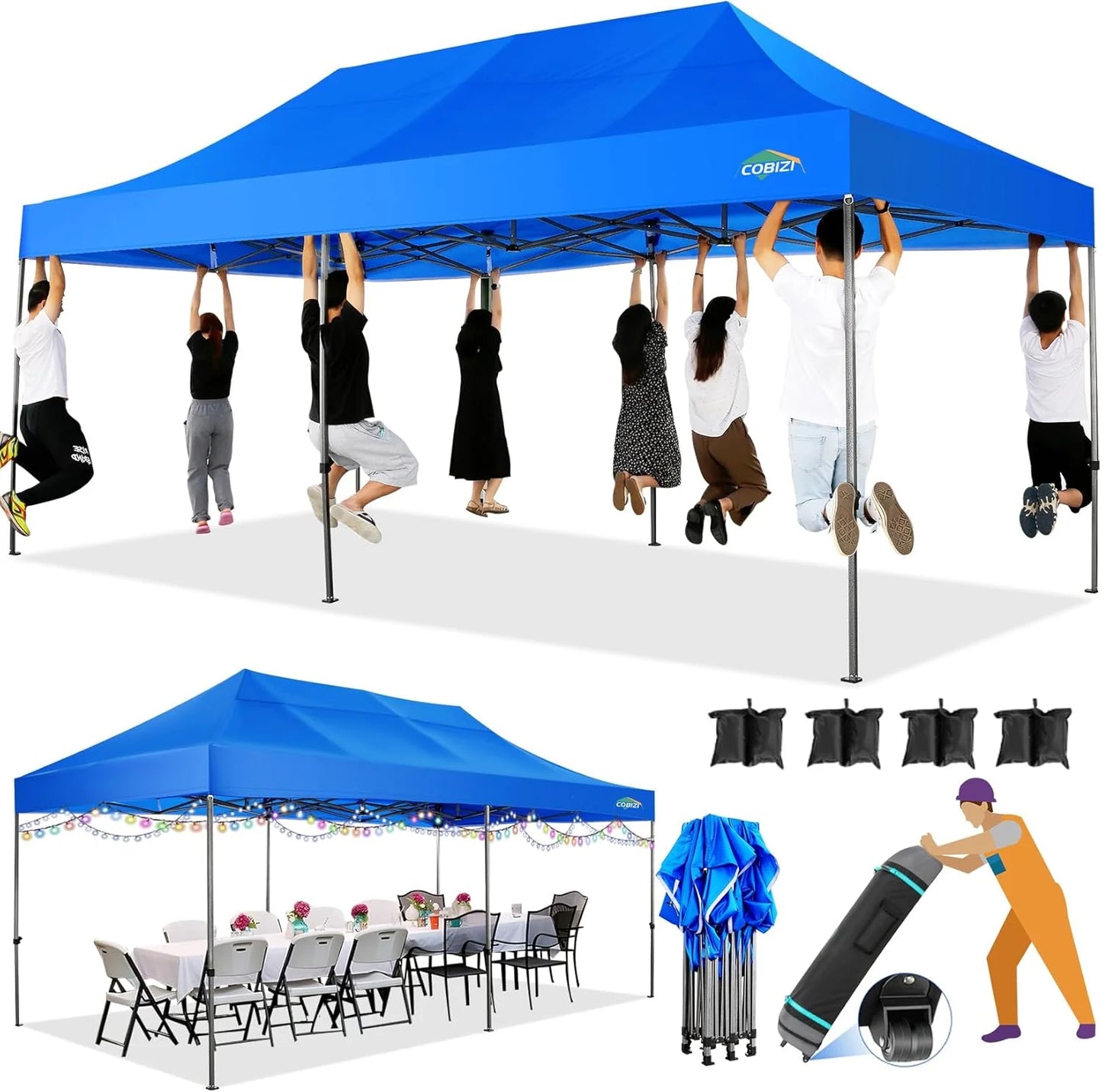 COBIZI 10x20 Heavy Duty Pop up Canopy Tent with 6 sidewalls Easy Up Commercial Outdoor Canopy Wedding Party Tents for Parties All Season Wind & Waterproof Gazebo with Roller Bag,Black(Frame Thickened)