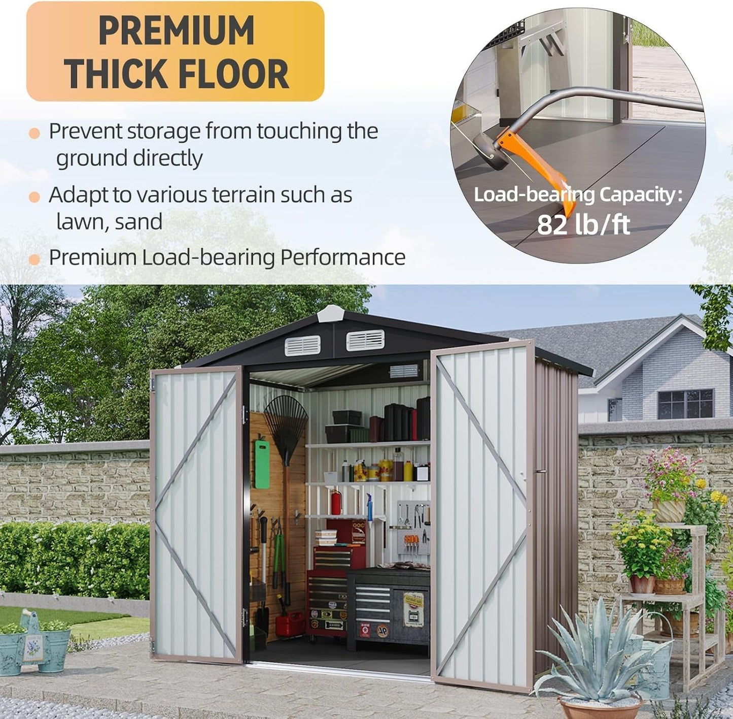 Aoxun 7.4x5.3FT Shed with Floor Galvanized Steel Outdoor Storage Shed Metal Garden Shed with Double Doors, 15mm Moisture-Proof Floor & Ventilation, Sloped Roof for Bike/Generator/Tool Storage (Brown)