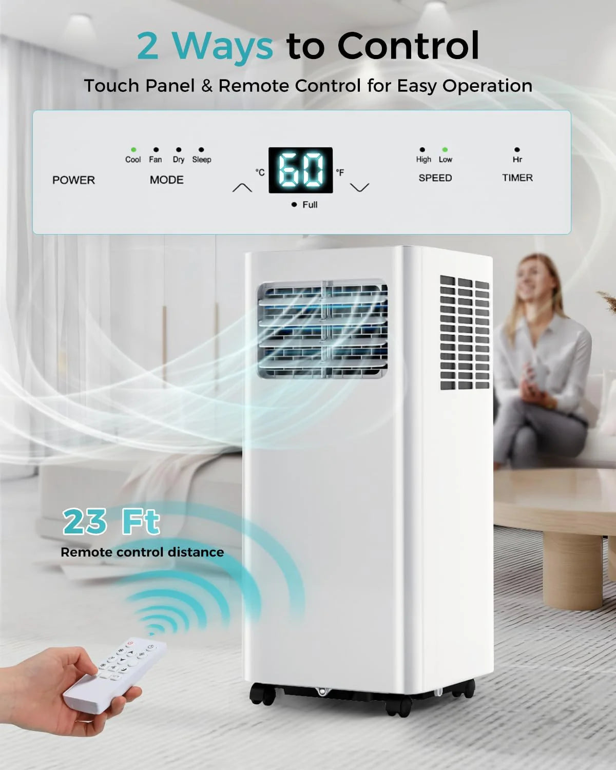 8,000 BTU Portable Air Conditioner - 3-in-1 AC Unit with Remote Control, Ultra-Quiet Cooling for Rooms up to 350 sq. ft., 24H Timer, Sleep Mode
