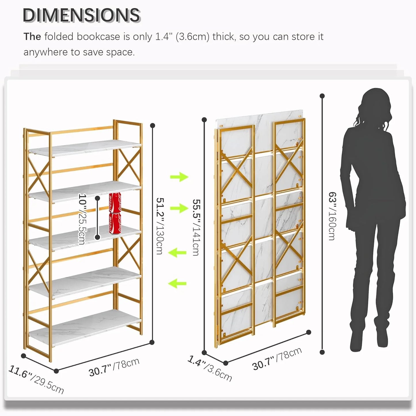 5 Tiers No Assembly Book Shelves 51.2" H Folding Bookshelf Bookcase