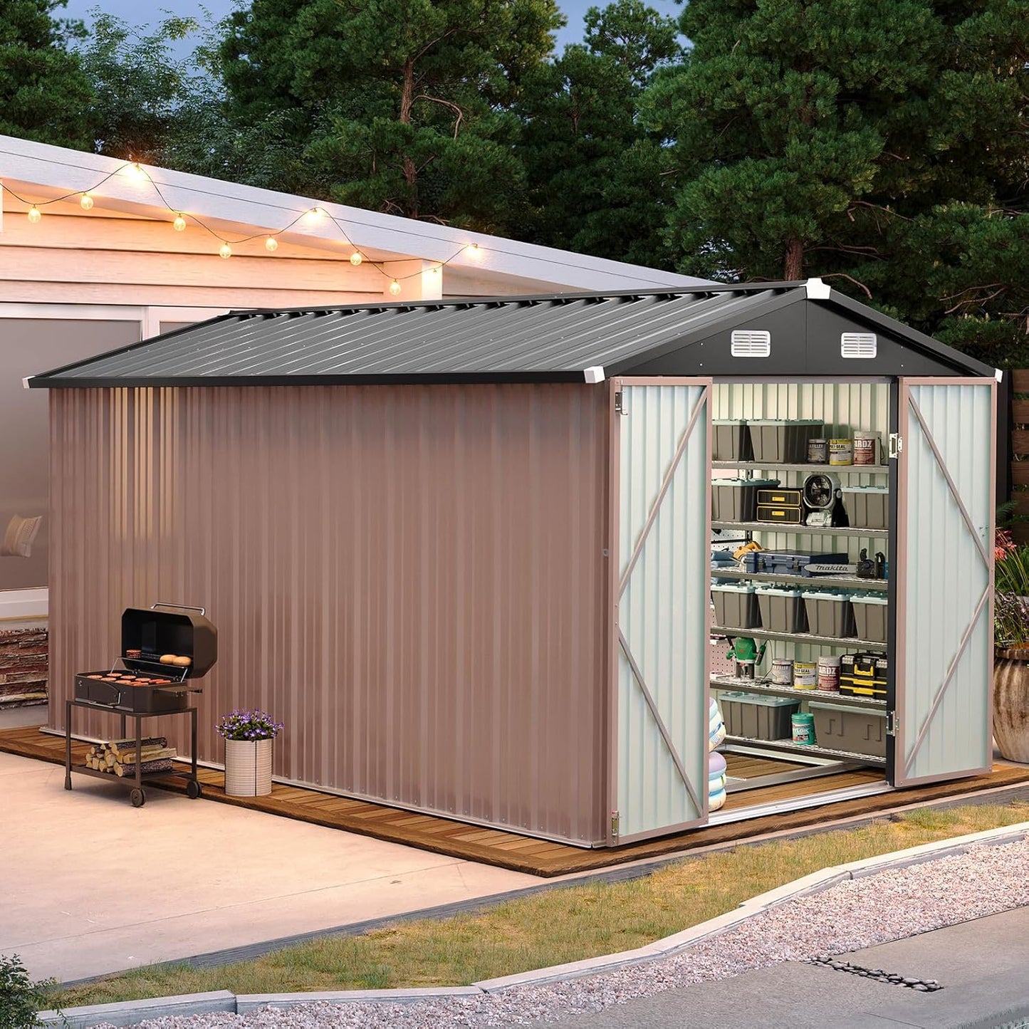 Aoxun 6.2x4 FT Shed Outdoor Storage Shed Metal Garden Shed with Lockable Doors & Slooping Roof Tool Shed Bike Shed for Backyard, Patio, Poolside (Brown)