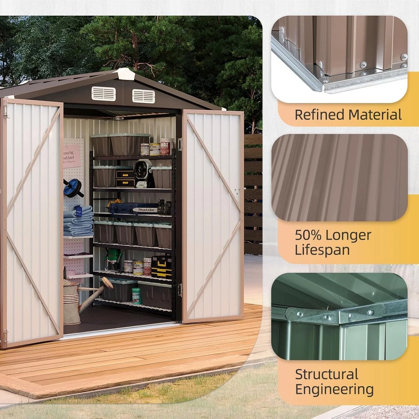 Aoxun 7.4x5.3FT Shed with Floor Galvanized Steel Outdoor Storage Shed Metal Garden Shed with Double Doors, 15mm Moisture-Proof Floor & Ventilation, Sloped Roof for Bike/Generator/Tool Storage (Brown)